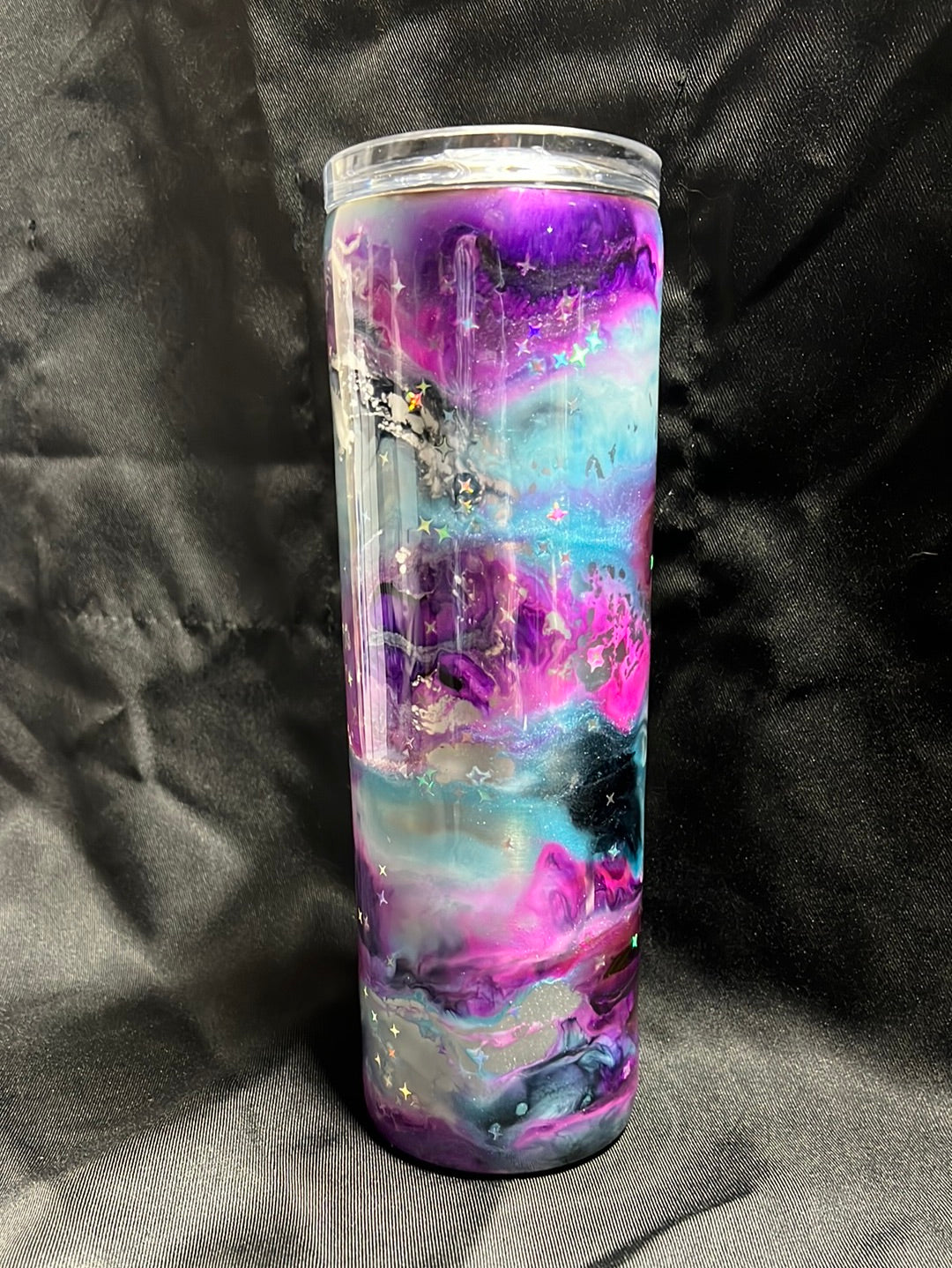 30oz Skinny Tumbler, Blues, Purples, with shiny stars (no Glow)