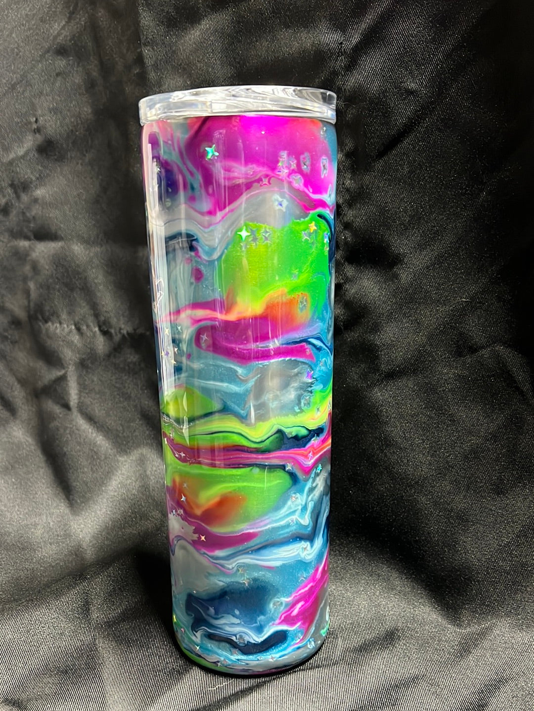 30oz Skinny Tumbler, Blue, Pink, Green, Yellow w/Stars (No Glow)