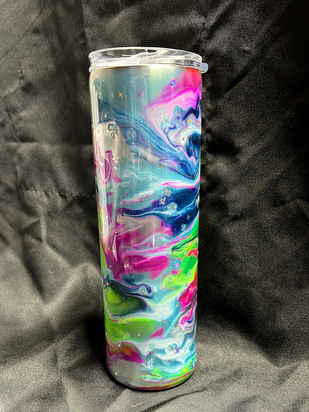 30oz Skinny Tumbler, Blue, Pink, Green, Yellow w/Stars (No Glow)