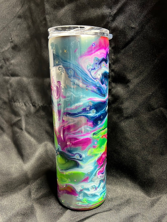 30oz Skinny Tumbler, Blue, Pink, Green, Yellow w/Stars (No Glow)