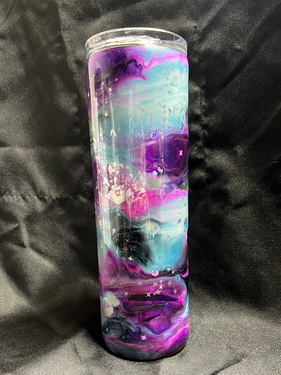 30oz Skinny Tumbler, Blues, Purples, with shiny stars (no Glow)